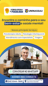 Cuide da sua saúde mental com a Clínica Escola de Psicologia da UNINASSAU! A busca pelo bem-estar e equilíbrio emocional é essencial para uma vida mais leve e saudável. Na Clínica Escola de Psicologia da UNINASSAU, você encontra apoio profissional para lidar com desafios emocionais, comportamentais e psicológicos. Oferecemos serviços como: ✅ Psicoterapia para adultos ✅ Psicologia infantil e juvenil ✅ Atendimento com especialista ✅ Triagem psicológica Agende sua consulta e dê o primeiro passo para o seu bem-estar! 📍 Rua Antônio Queiroz de Melo, 2790 – Capim Macio, Natal (RN) 📞 (84) 3344-7809 💬 Atendimento via WhatsApp #SaúdeMental #Psicologia #BemEstar #UNINASSAU